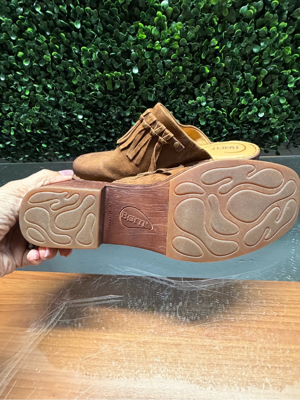Born Brown Suede Fringe Mule Clogs - Picture 8 of 9